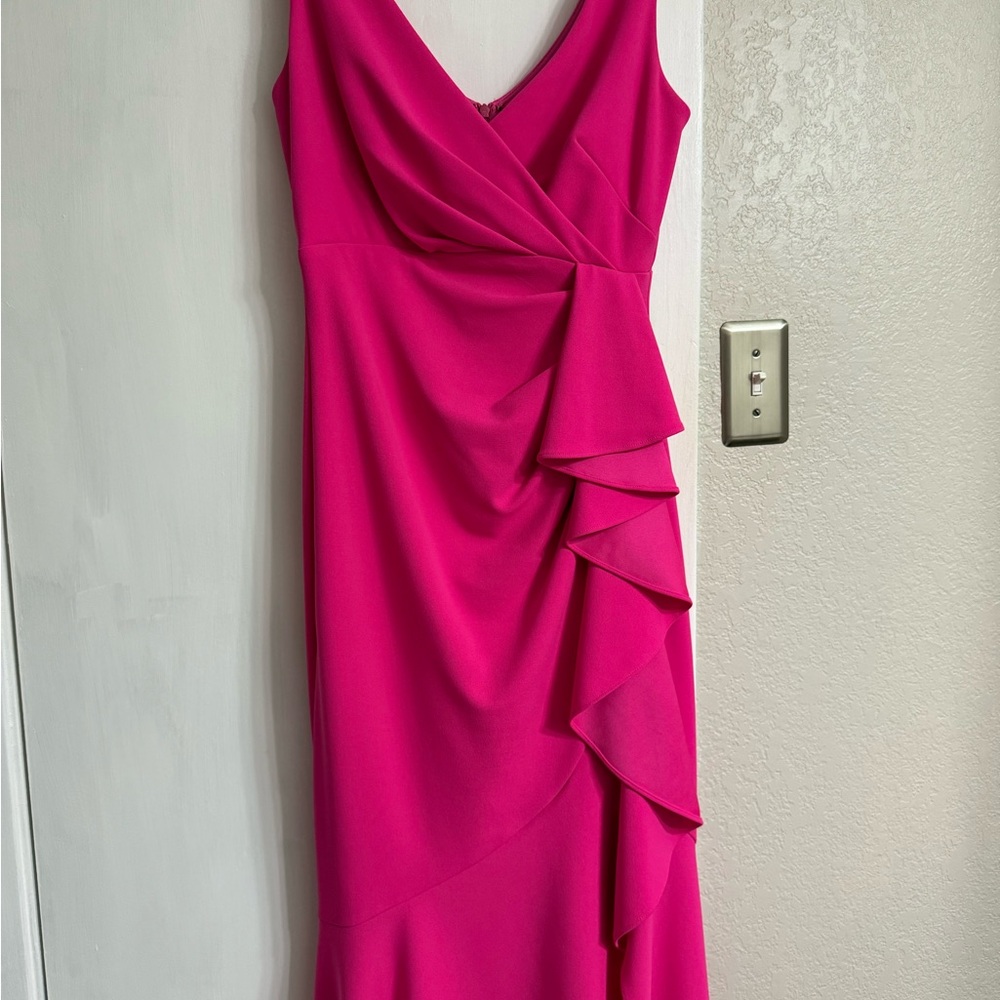 Pink Ruffled Asymmetrical Sheath Dress V-Neck
